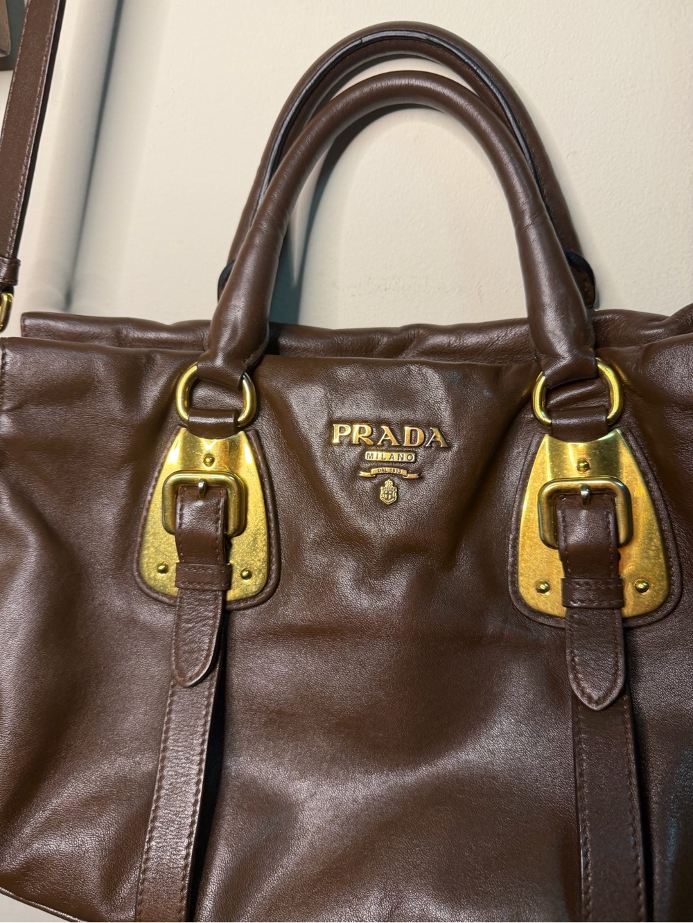 Authentic Prada Dark Brown Leather Satchel with Gold Hardware - Picture 4 of 14